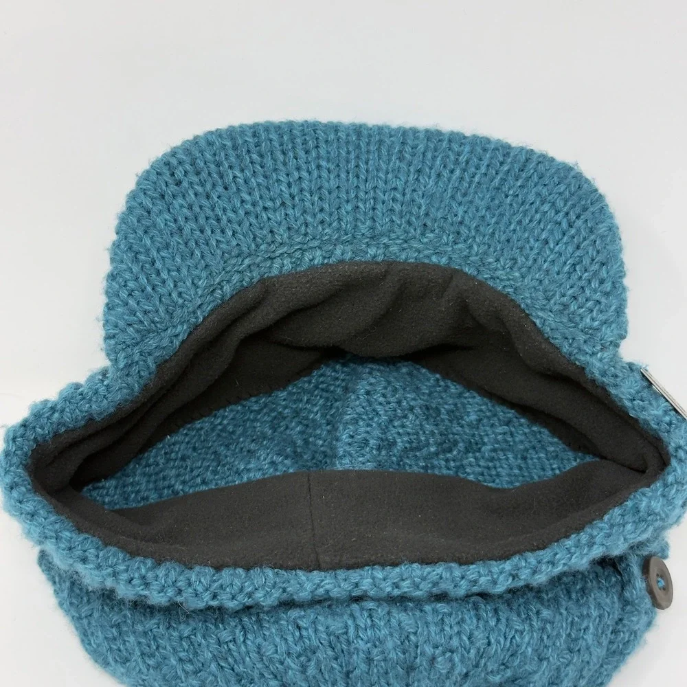 Mountain Hardwear Teal Blue Chunky Knit Visor Beanie Hat with Buttons Logo Large